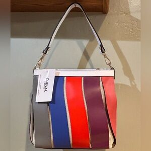 CHEVAL Genuine Leather Color Block Woven Hobo Shoulder Bag